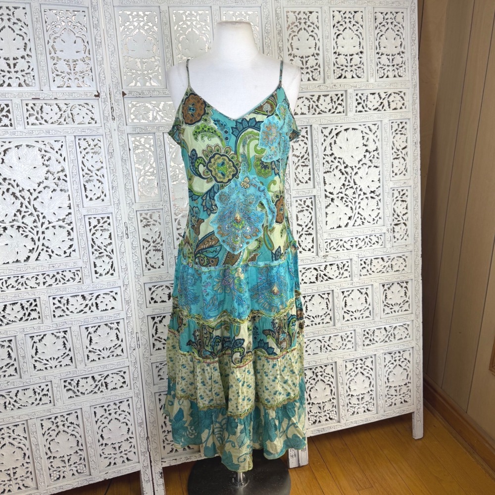 Vtg Y2K Tiered Fairy Boho Midi Dress Sz M/L Artsy Spaghetti Strap Prairie